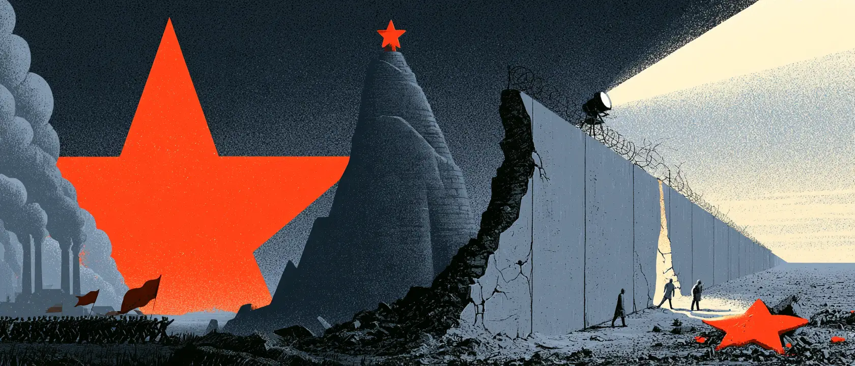 Illustration: a giant red star over smoking factories and marching crowds, a mountain crowned with a red star, a cracked wall with barbed wire and a searchlight, people slipping through a gap towards the light, and a fallen red star in the rubble