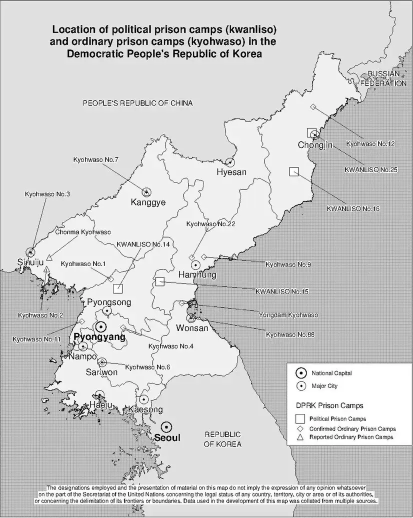 Map of North Korea marking political prison camps (kwanliso) Nos. 14, 15, 16 and 25 with squares, and more than a dozen ordinary prison camps (kyohwaso) with diamonds and triangles